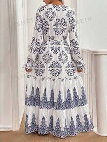 Breezaya Đầm maxi dài tay, buộc dây phía trước, xếp ly, in họa tiết toàn thân, thích hợp mặc dịp năm mới. - Màu xanh lam - Xem 2