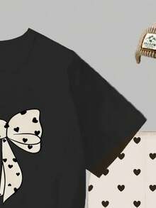 1 Set Young Girls' Casual Comfortable Fashion Cute Heart & Bow Graphic Short Sleeve T-Shirt And Leggings Outfit, Suitable For Spring To Summer Outings - Multicolor - View 4