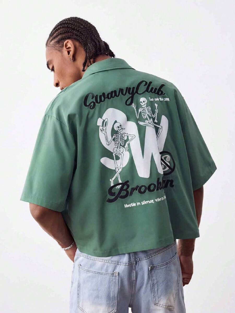 SWAVVY Men's Letter & Skull Print Casual Short Sleeve Shirt, Summer - Green - View 1