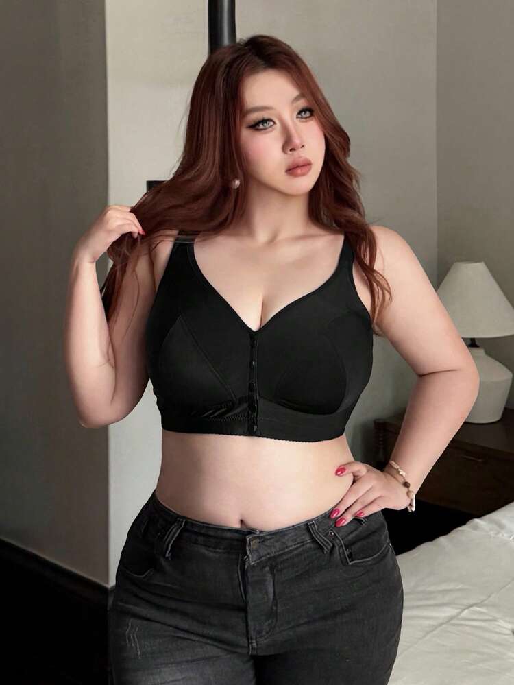 Dazy Plus Plus Size Women Elastic Tight Camisole With Buttons, Black