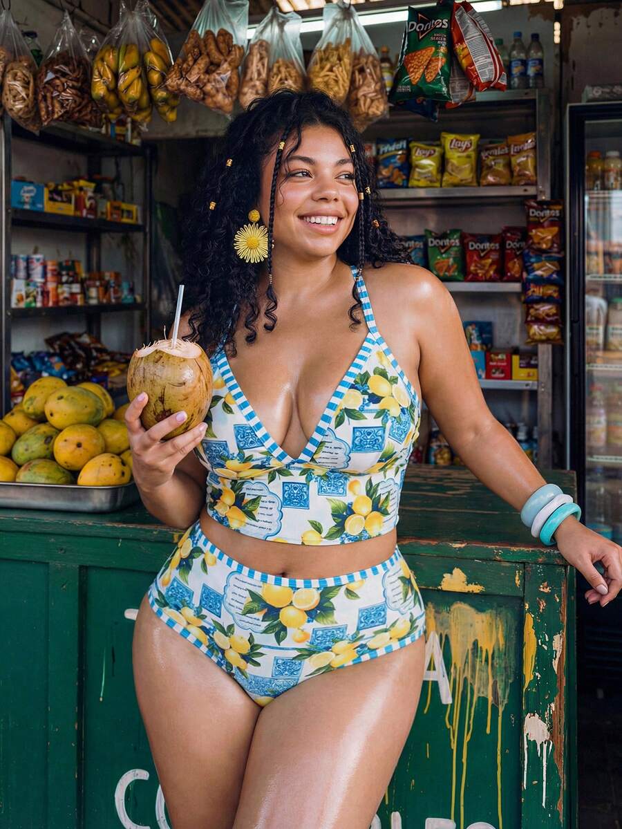 SHEIN Swim 2026新款加大码女士地中海柠檬印花比基尼，提胸高腰显瘦吊带泳衣，清新显瘦海滩度假水疗泳装，女士泳装，女士泳衣，女士夏季两件套泳衣，女士两件套夏季泳装，女士泳装比基尼套装，女士泳池泳装，女士加大码泳衣，女士泳池派对泳装，女士两件套泳衣，女士全包臀两件套泳衣，女士夏季 - 藍色 - 查看 1