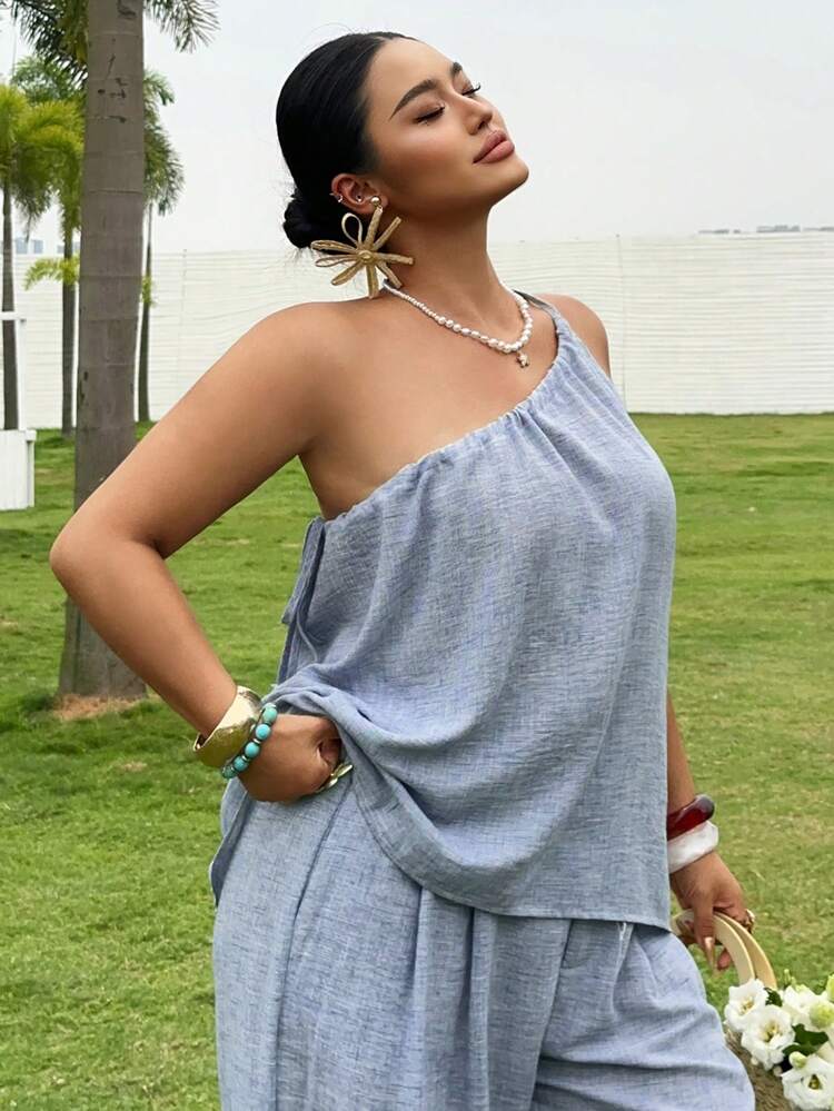 Dazy Plus Spring & Summer Fashion Blue Off-Shoulder Short Top & Straight Leg Casual Wide Leg Pants Set, Business Casual Elegant Vacation Commute Outfit For Women, Plus Size Lounge Sets For Women