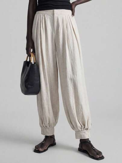 Ontre 2026 Primavera/Verano Nuevos pantalones de lino para mujer en color caqui, corte holgado, con bolsillos, fruncidos, pantalones casuales urbanos de negocios con estilo, cómodos, de piel amigable, adecuados para la oficina, el transporte, el aeropuerto, los cruceros, las bodas, las vacaciones, elegantes, minimalistas, de alta calidad, versátiles y para todas las estaciones