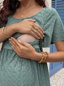 SHEIN Trang phục mùa hè, Đầm dệt kim jacquard màu xanh đậm cho bà bầu, Đầm cho con bú - màu xanh lá - Xem 2