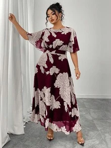 Modelyn Plus Size Women's Elegant Round Neck Ruffle Flare Sleeve Fitted Flowy Maxi Chiffon Dress, Spring/Summer - Red - View 3