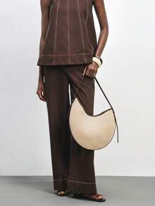 SHEIN Maija 女士单肩包、流浪包、草编包、流苏草编包，时尚、优雅、简约、个性化、百搭，适合海滩、度假、假日、夏季、海边、沙滩派对、日常、购物（肩带长度可调节） - 深杏色 - 查看 1