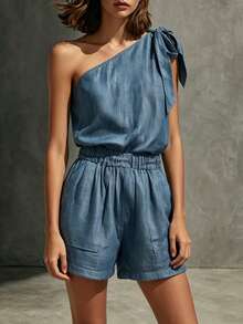 Balvessa Petite Women's Niche Tie-Up One Shoulder Open Shoulder Loose Jumpsuit - Blue - View 4