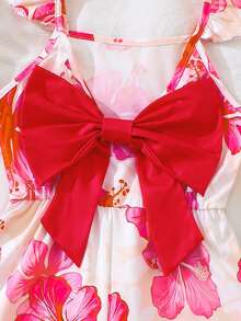 Older Tween Girls'white Floral Summer Boho Vacation Holiday Romper,Tropical Rainforest Fuchsia Print,Sleeveless Ruffle,Bowknot V-Back,Soft Casual - Multicolor - View 6