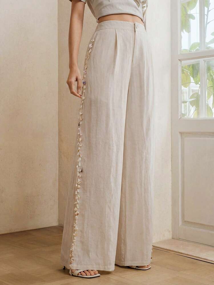 Women's Loose Wide Leg Pants With Faux Pearl And Shell Decor, Suitable For Beach And Vacation