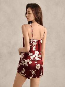 EverLounge Floral Print Satin Cami Top & Shorts PJ Set / Pajama Set - Burgundy - View 3