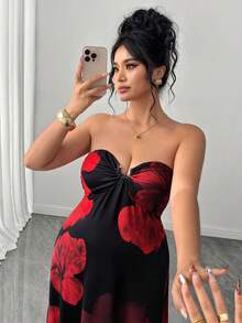 SHEIN Clasi Gaun Tanpa Lengan Elegan Motif Bunga dengan Pinggang Berkerut untuk Wanita Ukuran Plus, Cocok untuk Pesta, Liburan, dan Jalan-jalan Musim Panas Warna Hitam - Merah - View 6