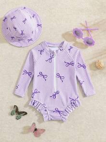 SHEIN Newborn Baby Girl Striped Bow Ruffle One-Piece Swimsuit - Mauve Purple - View 3