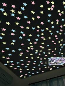 100/200 件夜光 3D 星星贴纸，荧光，适用于墙壁、天花板、卧室、客厅、星空、银河主题、家居装饰、易于粘贴的墙贴 - 彩色 - 查看 1