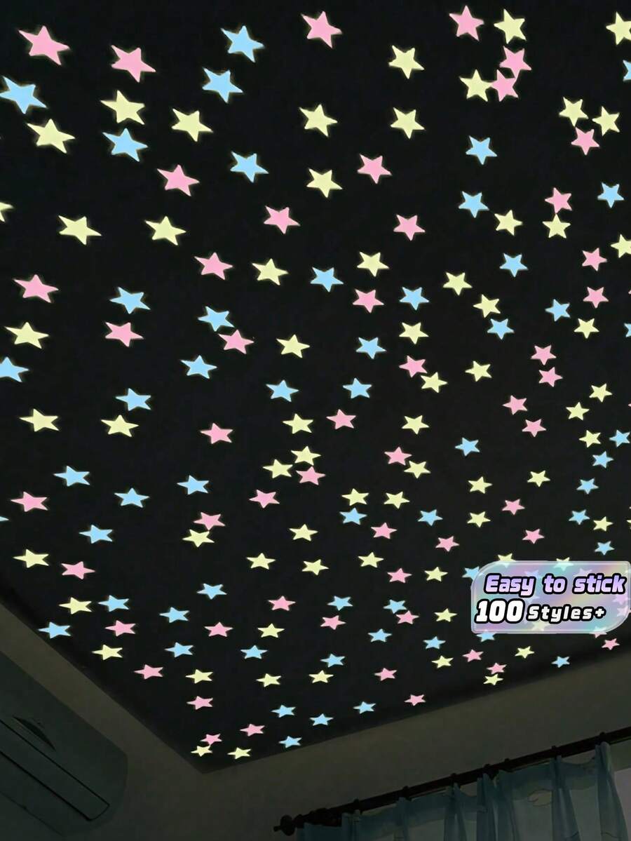 100/200 件夜光 3D 星星贴纸,荧光,适用于墙壁、天花板、卧室、客厅、星空、银河主题、家居装饰、易于粘贴的墙贴 - 彩色 - 查看 1