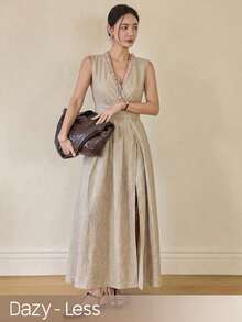 DAZY Women's Pastal V-Neck Dress, Elegant Sexy Teachers' Day Style With Side Slit And Waist Cinching, Spring/Summer Sun Dresses For Women Business Golf - Khaki - View 1