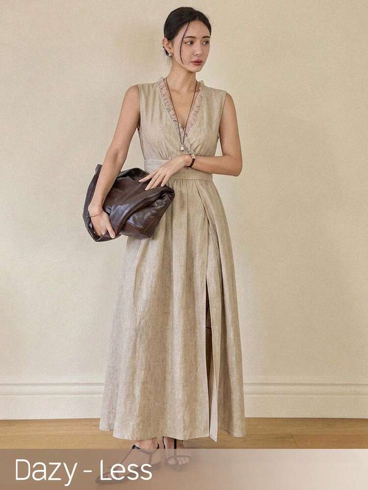 Women's Khaki V-Neck Dress, Elegant Vacation Style With Side Slit And Waist Cinching, Spring/Summer