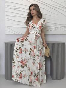 Jemour V 领数码花卉印花度假荷叶边腰 A 字型优雅浪漫女式连衣裙 - 彩色 - 查看 5