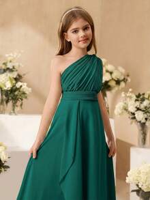 SHEIN Elegant Flower Girl Dress For Weddings, Formal Occasions, Chiffon Ruffled Shawl Midi Dress For Tween Girls, Luxurious Fashion Tulle Princess Dress - Green - View 8