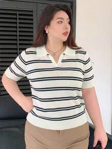 Dazy Plus 條紋寬鬆拼接領休閒短袖針織上衣 夏季款 - 綠色 - 查看 4