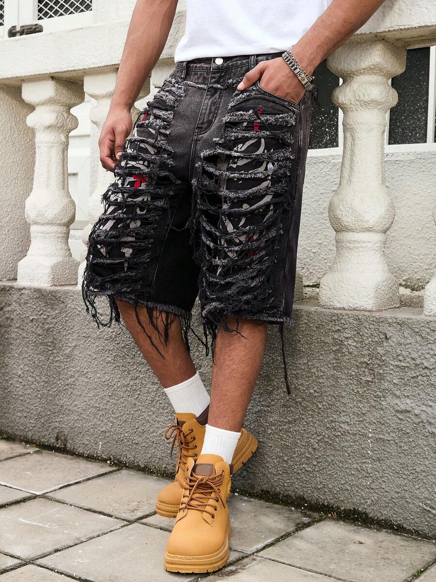 GALLERY FADE 男士休闲做旧印花刺绣黑色牛仔短裤,街头风 - 黑色 - 查看 1