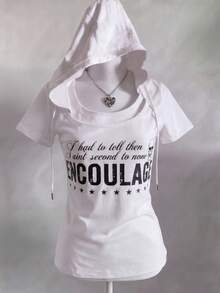 Lalippa Sudadera con capucha y cordón con estampado de letras blancas para mujer, 210G de seda de leche + serigrafía - Blanco - Ver 1
