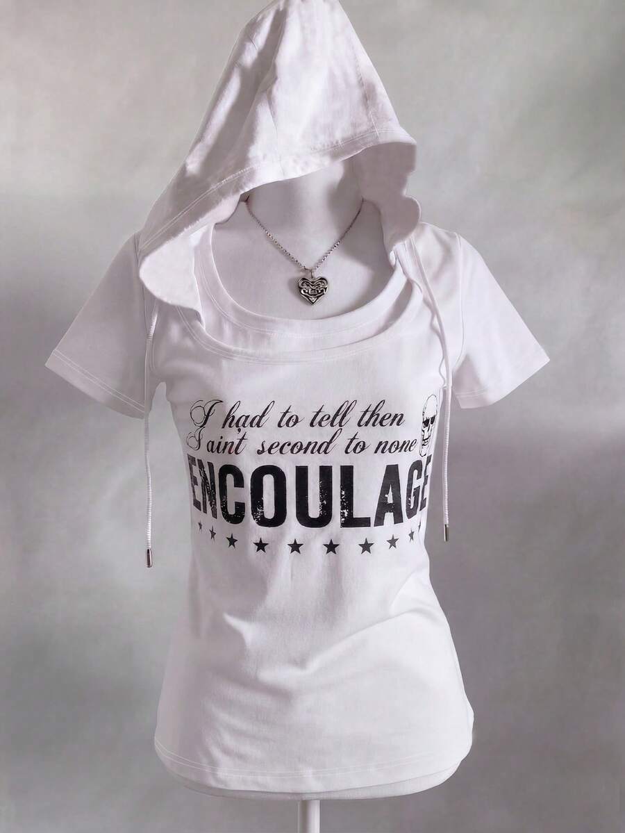 Lalippa Sudadera con capucha y cordón con estampado de letras blancas para mujer, 210G de seda de leche + serigrafía - Blanco - Ver 1