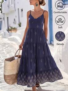SHEIN Holidaya Autumn Vintage Cute Bow Tie Strap Multi-Layer Patchwork Bohemian Style Dress For Women Navy Blue Zanea Dress For Woman Royal Blue Boho Style Z9v7r Ladies Dresses Dresses For Holiday Summer Beach Dress - Navy Blue - View 3