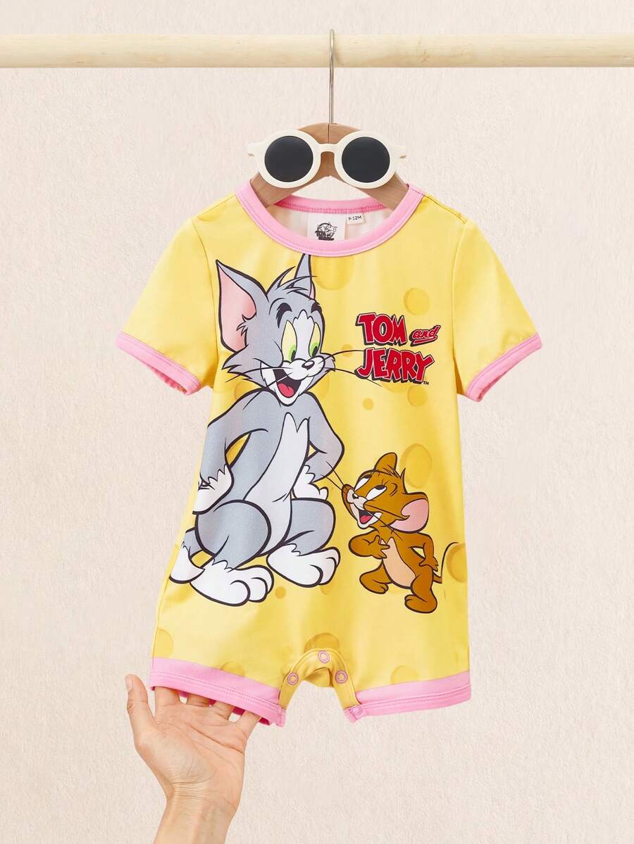 TOM & JERRY X SHEIN Áo liền quần tay ngắn cổ tròn in hình hoạt hình cho bé gái sơ sinh/trẻ nhỏ - Màu vàng - Xem 1
