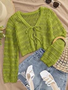 Travachic Áo khoác cardigan nữ màu trơn cổ chữ V thắt nơ phía trước, kiểu dáng thường ngày. - Màu xanh Ô liu - Xem 5