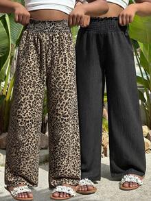Sparklyn 2pcs Tween Girl Casual Vacation Beach Countryside Travel Daily Versatile Loose Flared Leg Pants Chic For Autumn/Winter Fall - Black - View 3