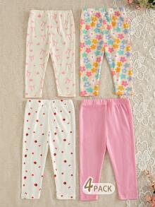 4pcs Baby Girls' Casual Everyday All-Match Rainbow, Floral & Striped Print Bottoms, Spring/Summer - Multicolor - View 4
