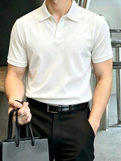Manfinity Mode Camisa polo casual de manga corta y cuello abierto de unicolor para hombre en verano