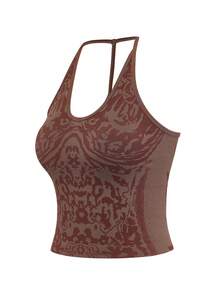 SHEIN 1pc Brown Moisture-Wicking Racerback Sports Tank Top,Summer Athleisure Gym Sweat-Absorbent Seamless Sleeveless Workout Yoga Basic Tank Top - Multicolor - View 3