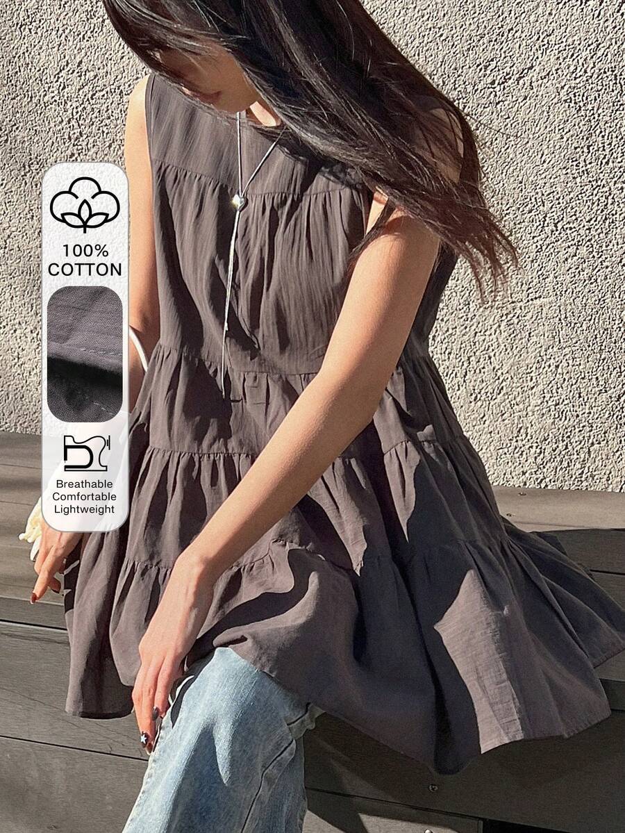 FRIFUL Women's Solid Color Round Neck Ruffle Hem Casual Sleeveless Blouse Summer - Grey - View 1