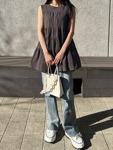FRIFUL Women's Solid Color Round Neck Ruffle Hem Casual Sleeveless Blouse Summer - Grey - View 2