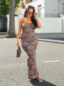 NegzBox 女士豹纹美人鱼下摆修身优雅吊带连衣裙长款女装派对套装 - 鏽棕色 - 查看 1