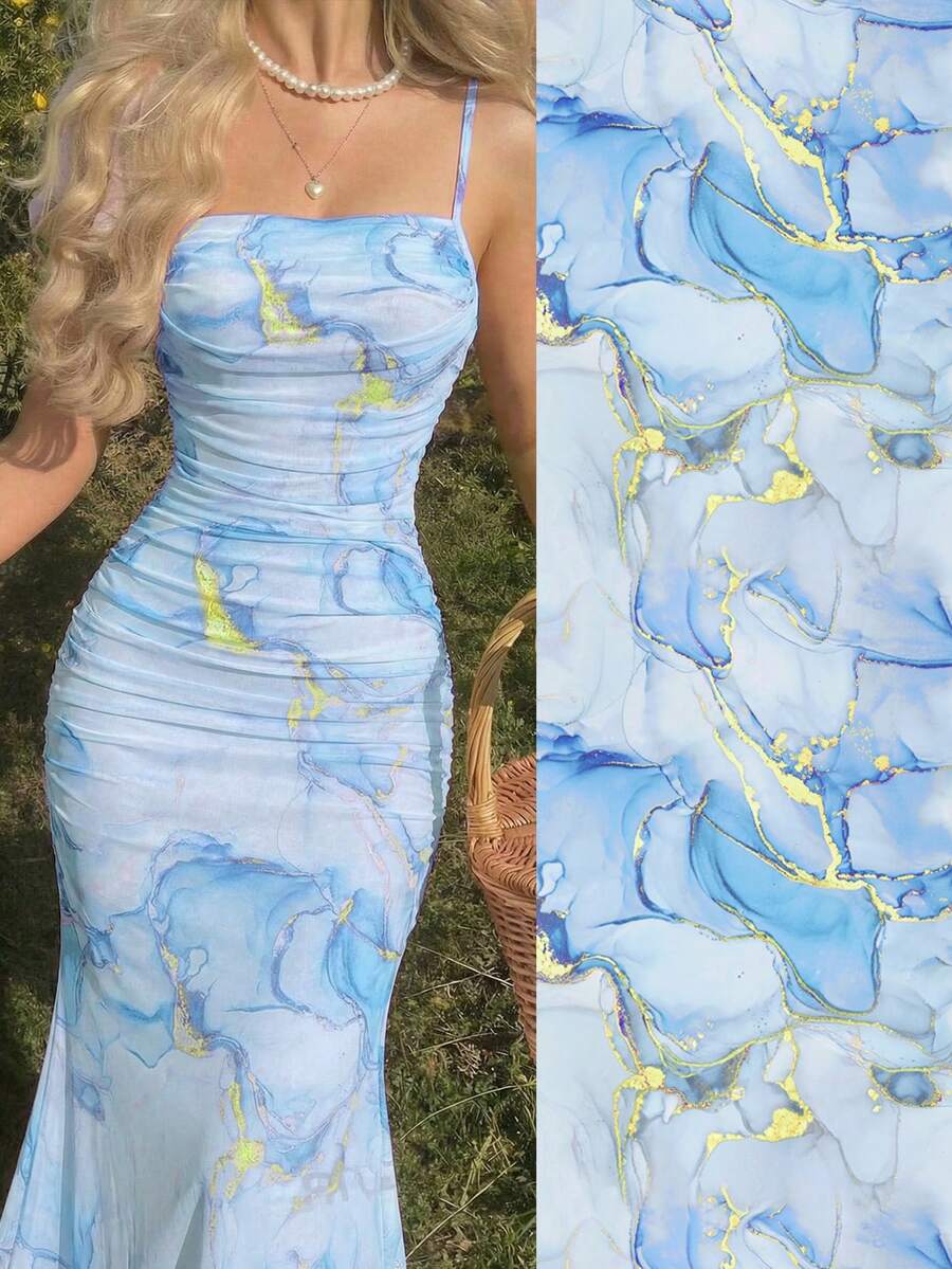 SHEIN Teen Girl/Teen Girls Floral Pattern Mesh Ruched Cami Dress - Blue - View 1