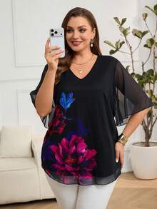 Miaspire 大码女式印花V领短袖拼接衬衫 - 彩色 - 查看 7