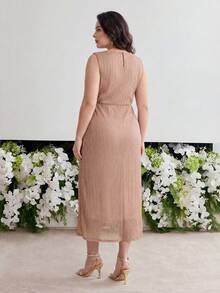 MOTF PREMIUM PLUS SIZE WOMEN'S ROUND NECK SHINY YARN WAIST PLISSE DRESS, SPRING/SUMMER - Pink - View 5