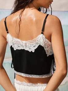 Áo hai dây satin phối ren cổ chữ V - màu đen - Xem 3