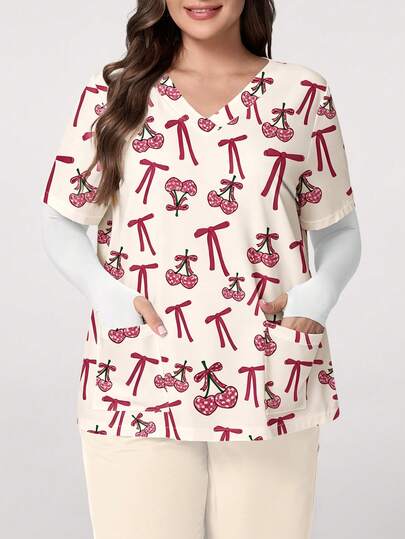 PopScrub Áo đồng phục y tá tay ngắn cổ chữ V in hình trái tim, quả anh đào và nơ, có túi, thiết kế xẻ tà, kiểu dáng thời trang dành cho nữ cỡ lớn, thích hợp cho mùa xuân/hè.