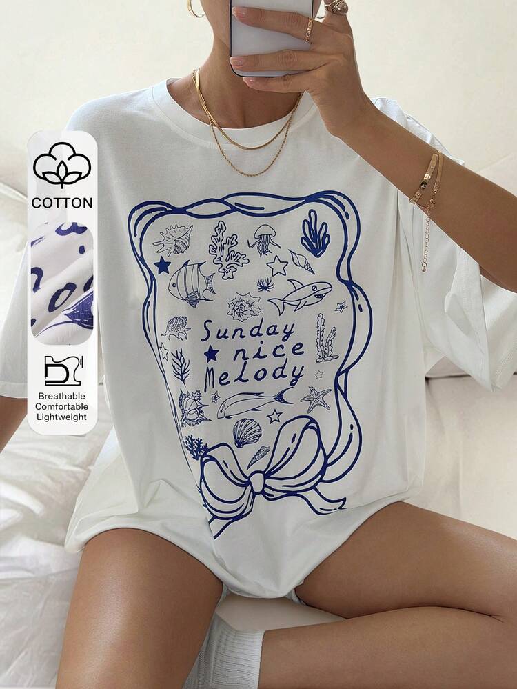 Women's Summer Round Neck Loose Short Sleeve Printed Vacation Style Pullover T-Shirt Graphic Tees Women