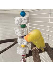 1pc Multi-Color Parrot Beak Grinding Calcium Stone With Bell Cage Toy, Floral Hanging Style Chew Toy, Suitable For Cockatiel, Lovebird, Parakeet, Hamster, Rabbit - Multicolor - View 2