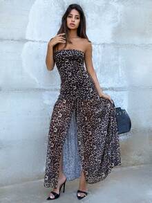 Ronhire Knitted Mesh Leopard Pattern Strapless Slit Bodycon Women Long Dress, Suitable For Going Out, Concert, Party, Club Outfits, Date, Night Out,Vacation ,Beach  Outfits,Garden Wedding Guest Dress, Elegant Dress For Women,Date, Concert, Party, Club Outfits, Valentine's Day ,Graduation Outfit,For Autumn And Winter, Mermaid, Bohemian Outfits, Ibiza Outfits, Western Style - Khaki - View 6