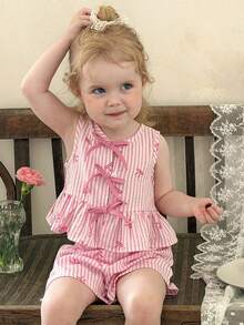 LMoss Kids Baby Girl Pink Striped Bow Decor Sleeveless Top And Shorts Set, Suitable For Outings - Multicolor - View 5