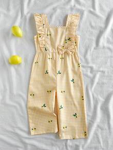 SHEIN Vintaside Kids 女婴时尚休闲简约数码印花连体衣，适合外出、休闲、朋友聚会、公园散步、海滩度假、春夏季穿着。 - 黃色 - 查看 1