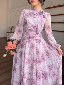 Modelyn Women's Blue Tie Collar Ruched Waist Dress, Suitable For Spring & Autumn Outdoor Wear - Purple - View 7