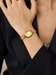 MOTF PREMIUM JAM TANGAN WANITA DENGAN MANIK-MANIK EMAS, KUKU, DAN STRIP BAJA OVAL, QUARTZ - Emas - View 9