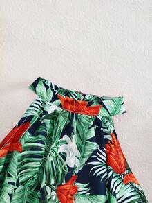 Baby Girl Floral Print Halter Neck Romper, Casual Vacation Outfit - Navy Blue - View 5