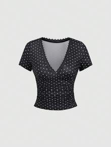 Sweetra 2pcs/Set Women's Fashionable Elegant Versatile Polka Dot Print Lace Patchwork Ruffle T-Shirt - Multicolor - View 10